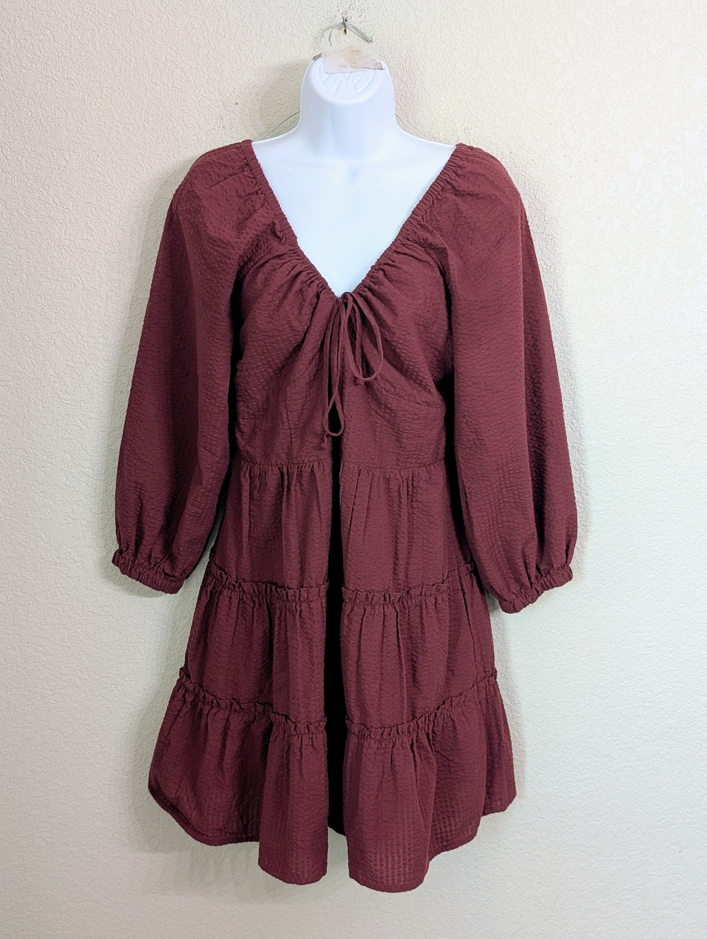 Madewell Amalia Tiered Mini Dress Size 2 Burgundy Milkmaid Long Sleeve Pockets